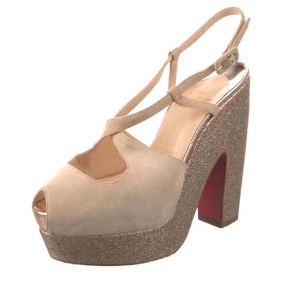 CHRISTIAN LOUBOUTIN Beige Suede Glitter Platform Wedge Sandals Size IT 36/US 6 - Picture 1 of 5